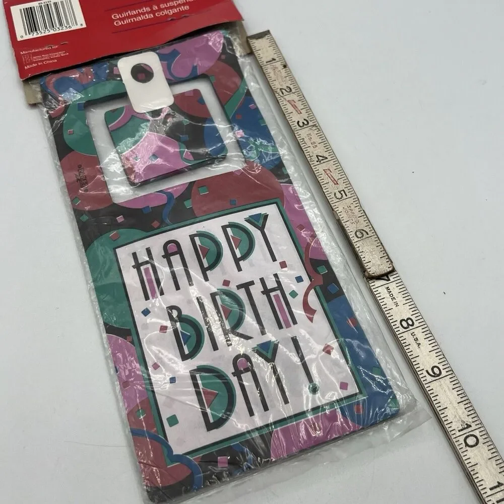 Vintage 1990s Art Deco Happy Birthday Hanging Banner Pink Teal Pop Art NEW